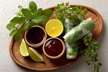 Fresh spring rolls on a wooden platter with dipping sauces, lime wedges, and vibrant herbs, showcasing a colorful and healthy culinary presentation