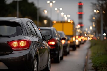 Cars lined up in traffic during evening rush hour, with blurred lights creating a bokeh effect, showcasing urban transportation challenges and congestion