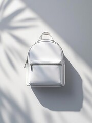 A white backpack with a zipper pocket on a white surface with leaf shadows casting on the background