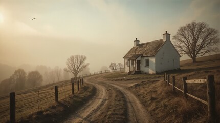 Fototapeta premium Misty Morning at Rural Cottage with Winding Dirt Road