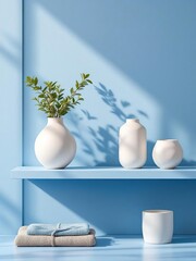 Still life featuring white vases greenery towels and shadows on a blue background setting indoors