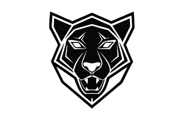 Geometric stylized black panther head growls fiercely, framed by bold white lines on white © SWORNALY