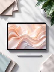 Tablet displaying abstract waves with stylus and plant on a white surface in a bright setting