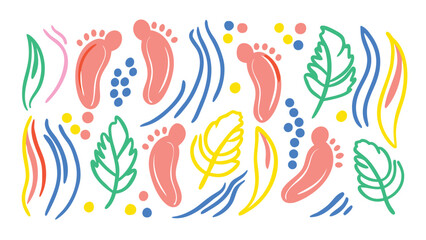 Colorful abstract pattern with footprints leaves and wavy lines on a white background design art
