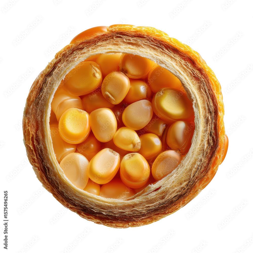Poster golden corn kernels nestled inside a flaky pastry shell in a food preparation setting
