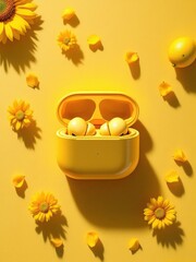 Yellow earbuds in a case surrounded by sunflowers and petals on a yellow background studio shot
