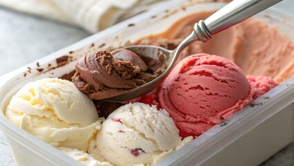 Vanilla and chocolate ice cream scoops in a bowl