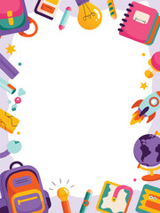 Obraz premium Cartoon School Supplies Border with Notebooks, Globes, Backpacks, Rocket Ship, Pencils and Light Bulbs Illustration