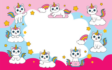 Cute Cartoon Unicorn Cats with Rainbow Tails, Clouds, and Stars Frame