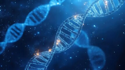 青い背景に浮かぶDNAの二重螺旋構造と科学的な粒子 医療とバイオテクノロジー概念図