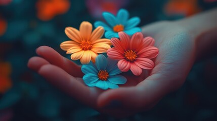 Hand holding three colorful flowers; orange, pink, and blue.