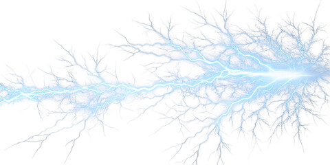 Fototapeta premium Photo of a bright blue and white lightning strike, branching out like a fractal pattern, emanating powerful electric energy against a transparent background