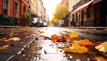 Autumn street scene with wet leaves