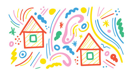 Two houses with red roofs and green windows surrounded by colorful abstract shapes and lines art design