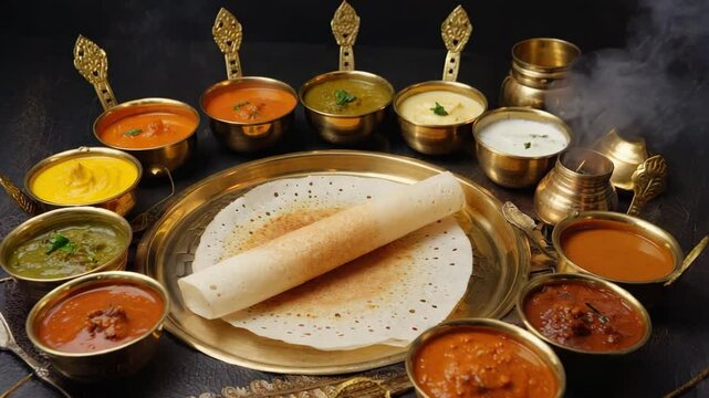 Delicious traditional South Indian meal with various curry dishes and crispy dosa served on a metallic platter