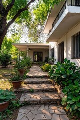 A stone pathway leads through a lush garden to a modern house with large windows and a covered porch, surrounded by greenery and potted plants.