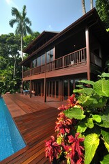 A modern wooden house with large glass windows overlooks a pool, surrounded by lush tropical plants and palm trees under a clear blue sky.