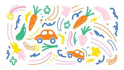 Fototapeta premium Whimsical doodle pattern featuring cars carrots and abstract shapes in bright and cheerful colors