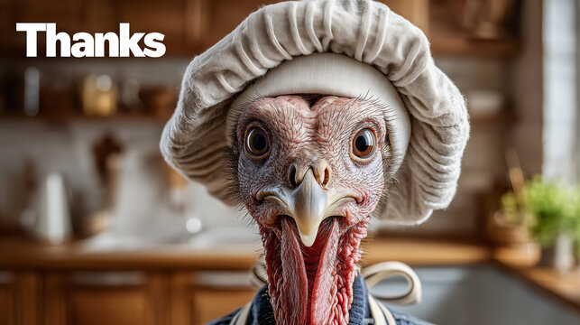 Portrait of a turkey in a chef hat on the background of the kitchen