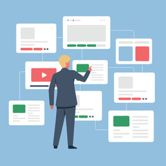 Man Points to Website Flowchart, Conceptualizing Web Design and Information Architecture Planning Process