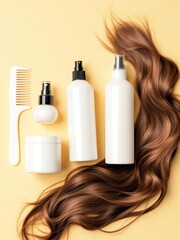 Still life of hair products with white bottles comb and long brown hair on a yellow background