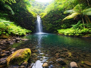 A serene waterfall flows into a clear pool surrounded by lush green ferns and moss-covered rocks in a dense forest.