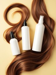 Three white bottles with hair on a beige background perfect for beauty and product advertisements use