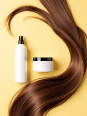 Hair products with brown hair strand on yellow background in studio shot for beauty and hair care