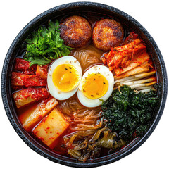 Bowl of spicy, Asian-style noodles with toppings