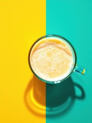 Top view of a glass mug filled with a creamy yellow drink on a split yellow and teal background surface