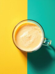 Aerial view of a glass mug filled with a yellow beverage on a split color background of yellow and teal