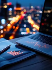 Laptop and financial data on a desk with a city skyline bokeh background at night in a dark room