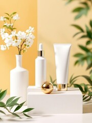 Still life of skincare products with flowers on a white pedestal against a yellow backdrop