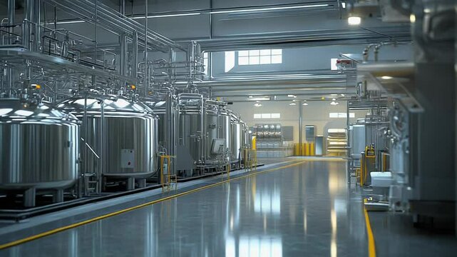 Modern food and beverage production facility with steel tanks and piping
