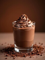 Chocolate mousse dessert in a glass with whipped cream and chocolate shavings on a brown background