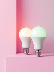 Two light bulbs on a pink surface with one glowing yellow and one glowing green in a studio setting