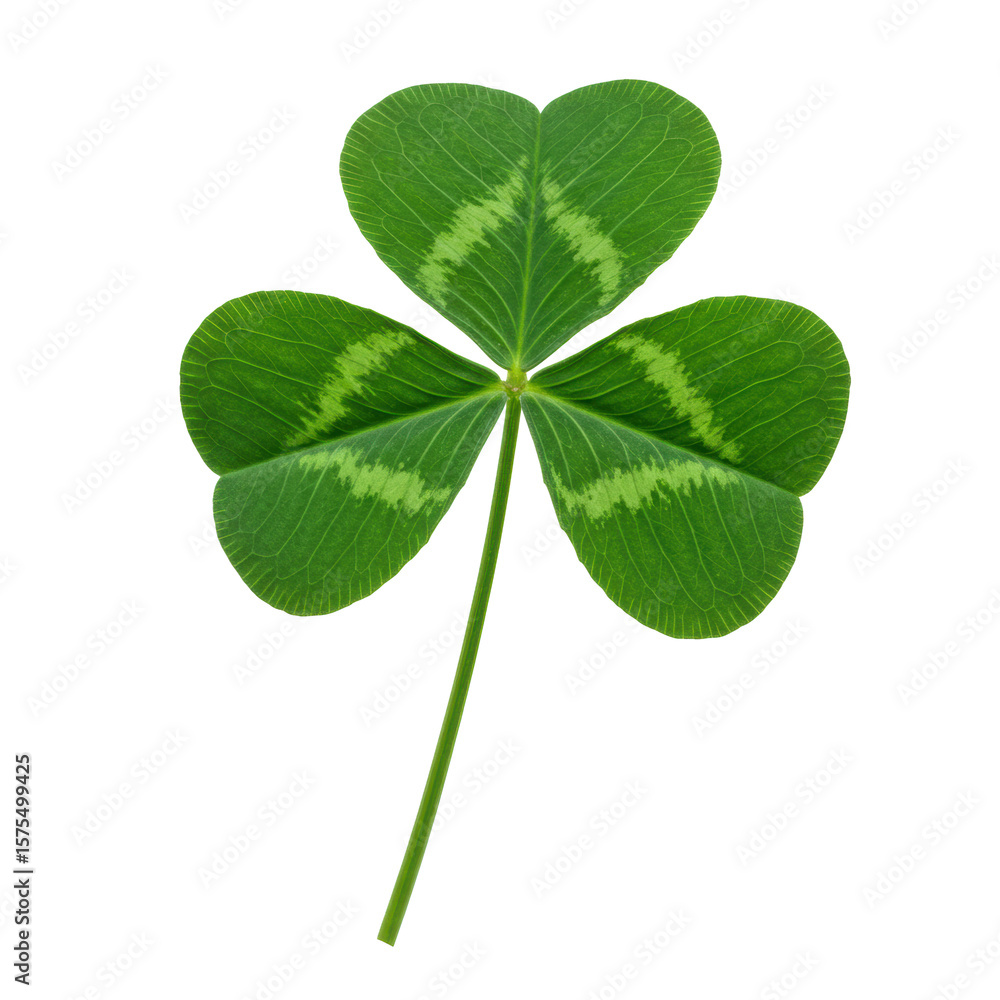 Poster a single, vibrant emerald green four-leaf clover with distinct leaves and a slender stem, standing u