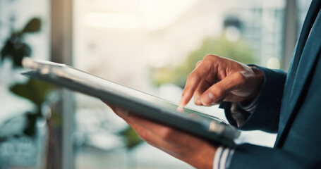 Accounting, hands and tablet with corporate person in office for financial research or review. App,...