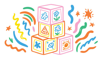 Obraz premium Illustration of stacked baby blocks with flower, sun, and triangle designs and colorful doodles around it