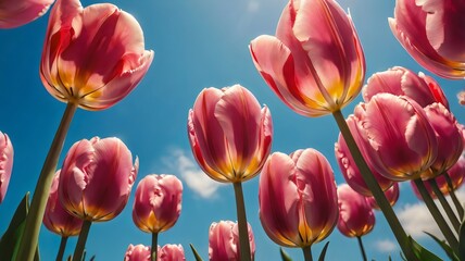 Fototapeta premium Pink Tulips Reaching Toward a Swirling Vibrant Sky – Dreamy Floral Landscape, Blooming Beauty, Spring Colors, and Magical Nature in Artistic Perspective
