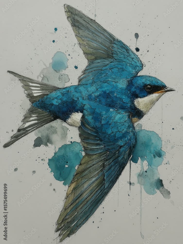 Poster dynamic drawing of a swallow in flight with abstract blue turquoise blots and black smudges on white