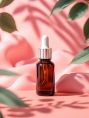 Amber bottle with dropper on pink background with green leaves and shadow of leaves behind it