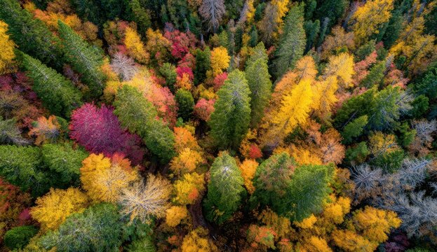 Colorful fall trees from above, forest landscape background. Promotion image