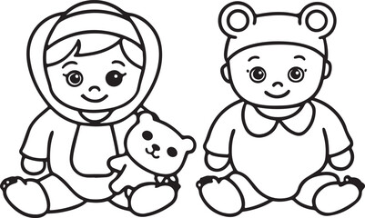 Adorable illustration of two smiling twin toddlers with their teddy bears, cartoon pigs, and a loving family