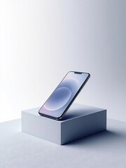 Smartphone resting on a white cube against a white background in a minimalist composition style
