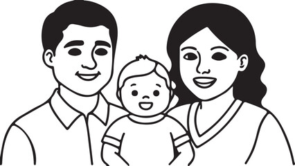 Happy cartoon vector illustration of a loving family of four, including a baby, a boy, a mother, and a father