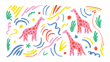 Illustration showing three pink giraffes with red spots surrounded by colorful abstract shapes