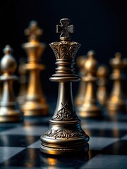 Close up of a silver king chess piece on a chessboard with gold pieces in the background on a dark surface