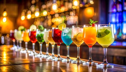 Diverse Cocktails Line Up Vibrant Drinks at Bar with Nightlife Scene, and Selective Focus.