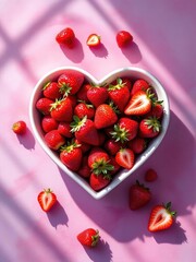 A heart shaped bowl filled with ripe red strawberries on a pink background with scattered berries around